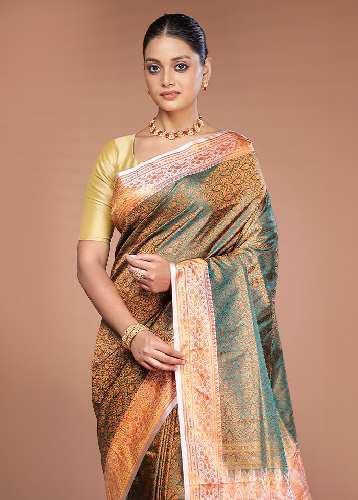 Green Handloom Jamewar Pure Silk Saree With Blouse Piece
