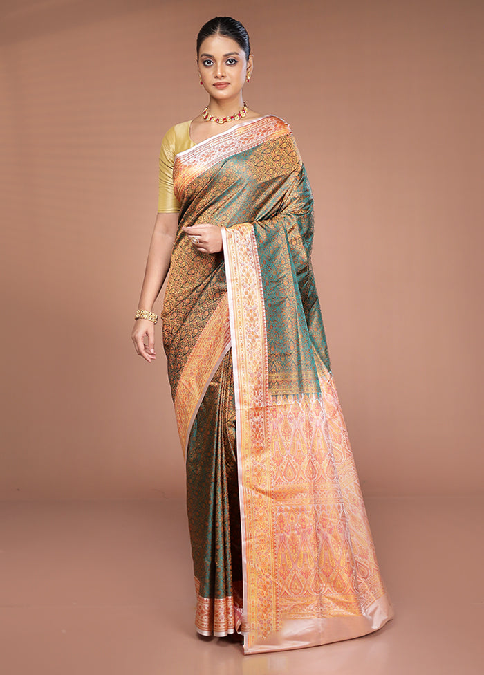 Green Handloom Jamewar Pure Silk Saree With Blouse Piece