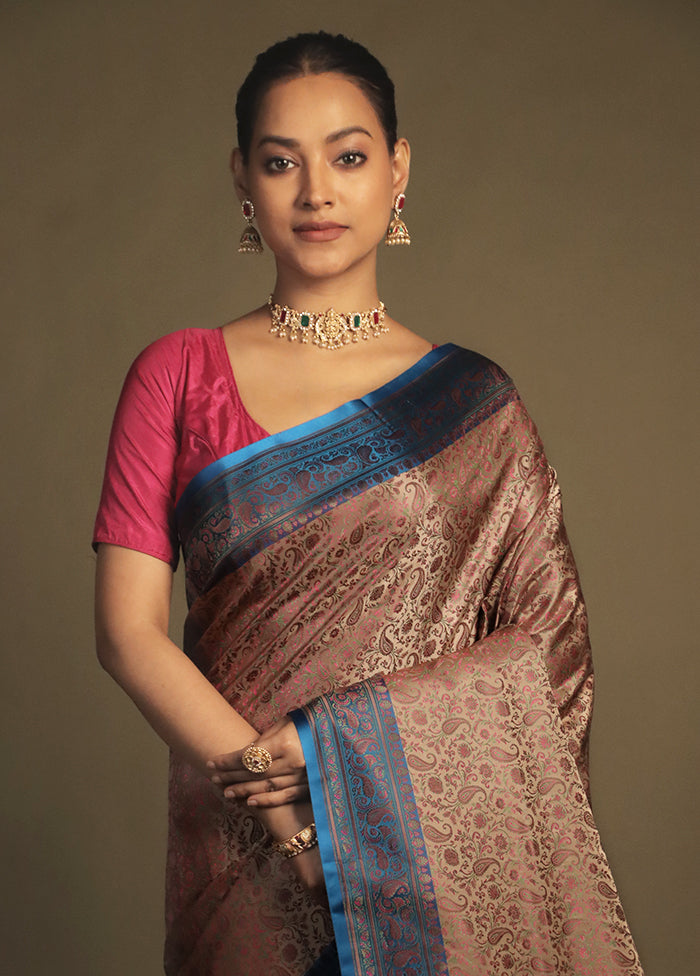 Pink Handloom Jamewar Pure Silk Saree With Blouse Piece