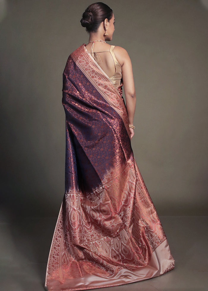 Purple Handloom Jamewar Pure Silk Saree With Blouse Piece
