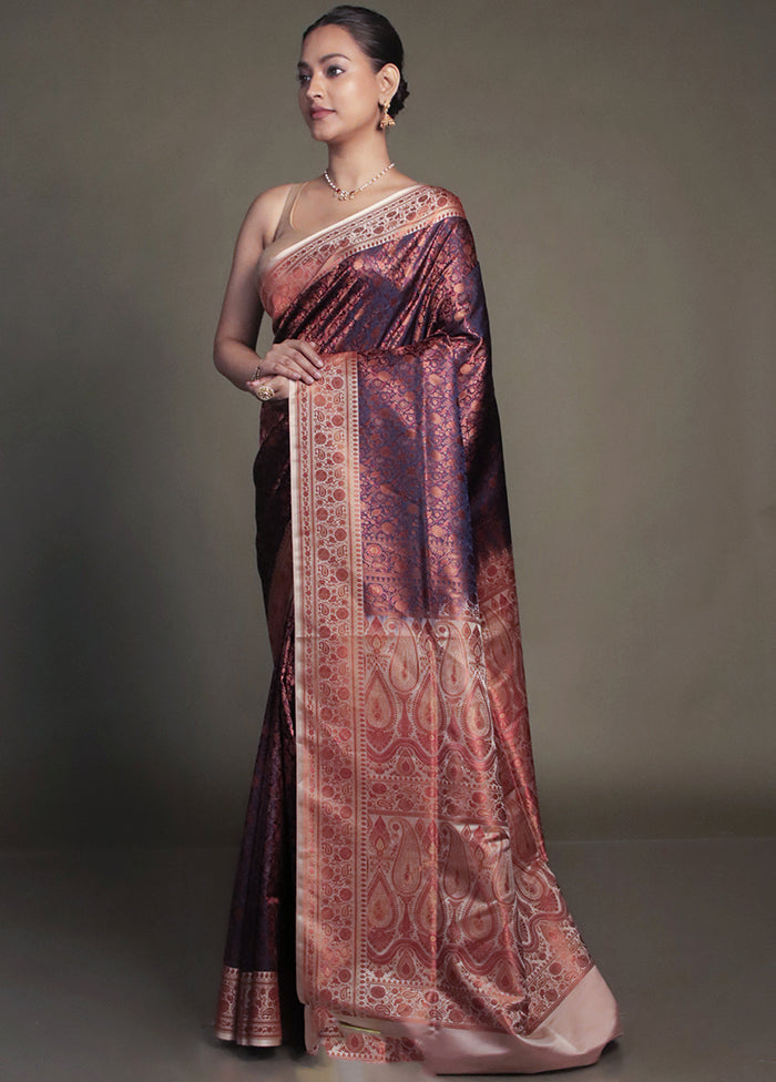 Purple Handloom Jamewar Pure Silk Saree With Blouse Piece