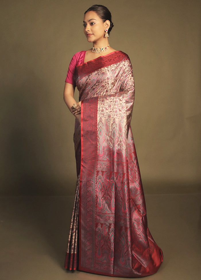 Pink Handloom Jamewar Pure Silk Saree With Blouse Piece