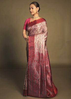 Pink Handloom Jamewar Pure Silk Saree With Blouse Piece