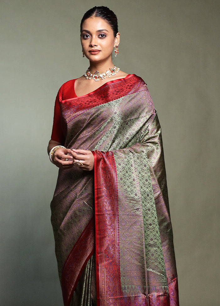 Green Handloom Jamewar Pure Silk Saree With Blouse Piece