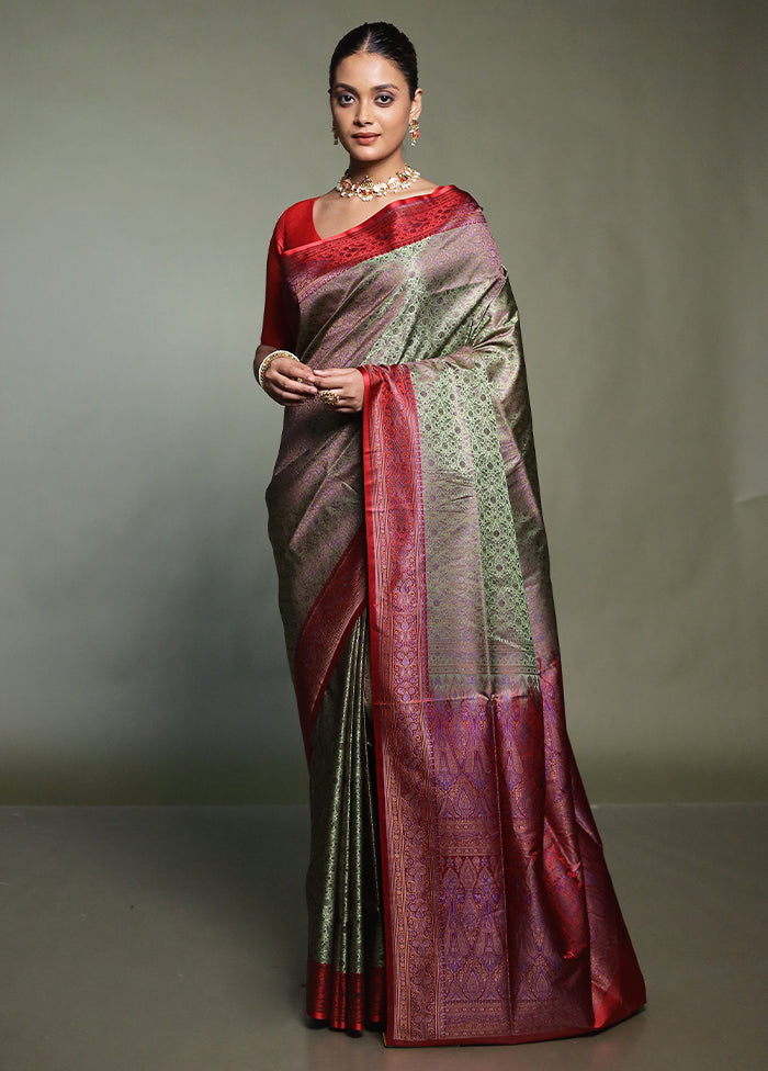 Green Handloom Jamewar Pure Silk Saree With Blouse Piece