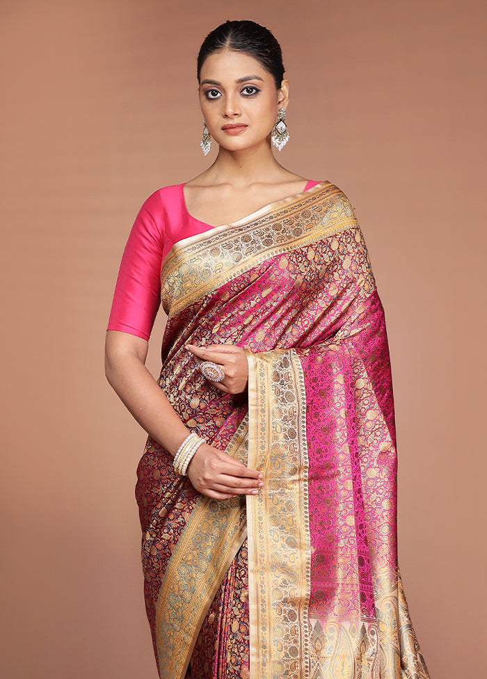 Pink Handloom Jamewar Pure Silk Saree With Blouse Piece
