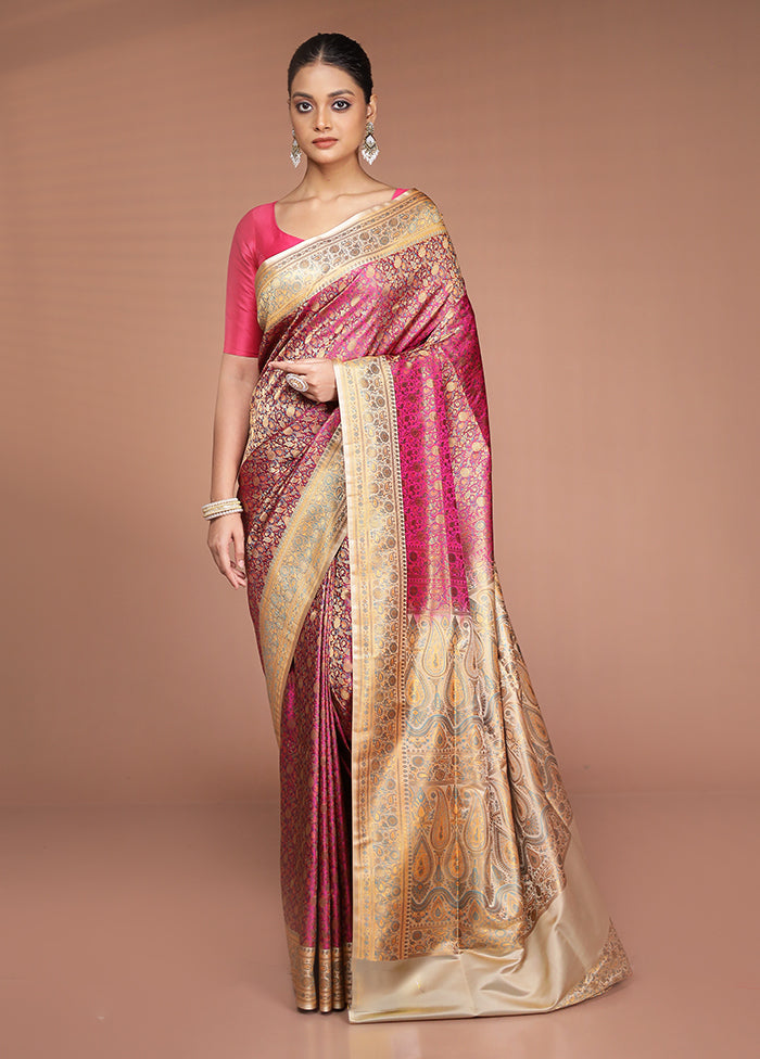 Pink Handloom Jamewar Pure Silk Saree With Blouse Piece