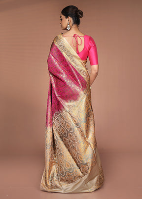 Pink Handloom Jamewar Pure Silk Saree With Blouse Piece