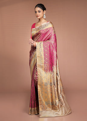 Pink Handloom Jamewar Pure Silk Saree With Blouse Piece