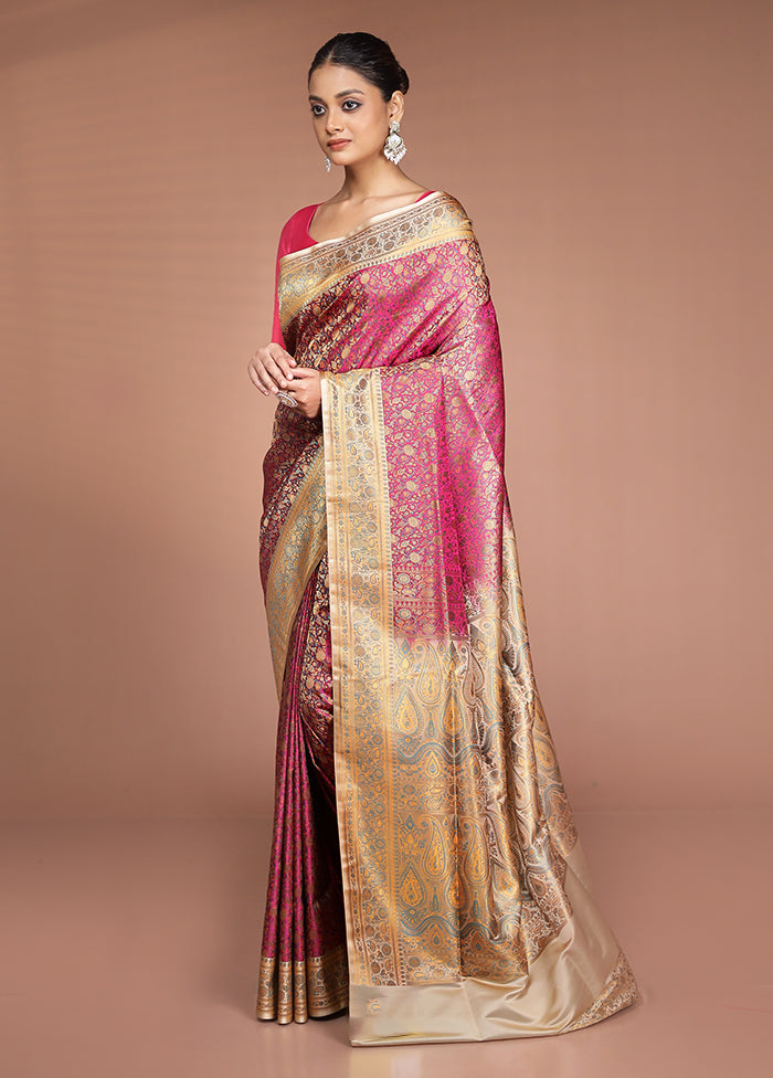 Pink Handloom Jamewar Pure Silk Saree With Blouse Piece