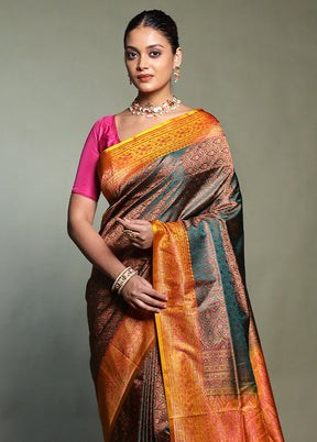 Green Handloom Jamewar Pure Silk Saree With Blouse Piece