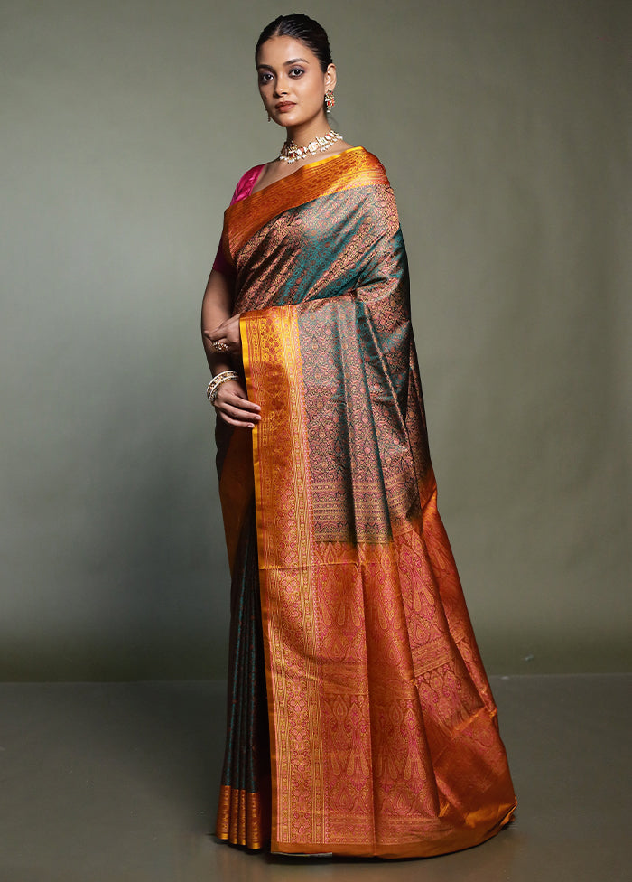 Green Handloom Jamewar Pure Silk Saree With Blouse Piece