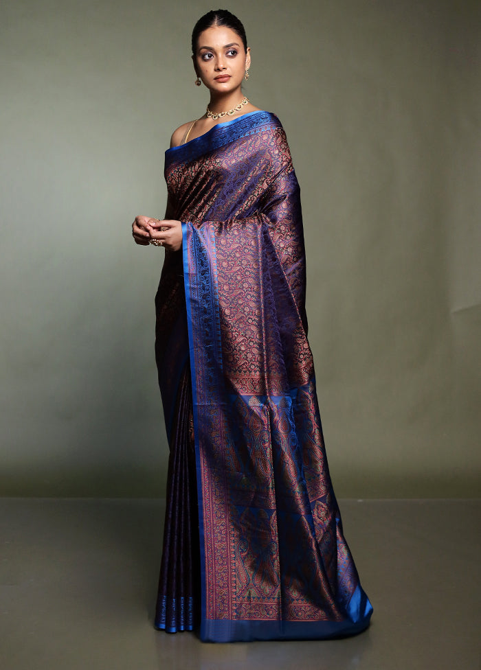 Purple Handloom Jamewar Pure Silk Saree With Blouse Piece