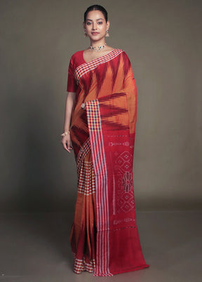Orange Bomkai Silk Saree Without Blouse Piece