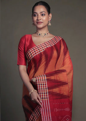 Orange Bomkai Silk Saree Without Blouse Piece