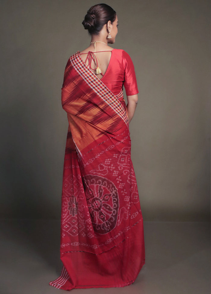 Orange Bomkai Silk Saree Without Blouse Piece