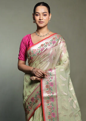 Green Kota Cotton Saree With Blouse Piece
