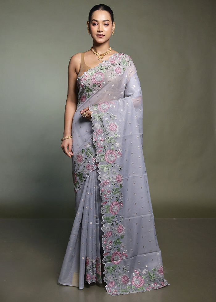 Grey Pure Kota Cotton Saree With Blouse Piece