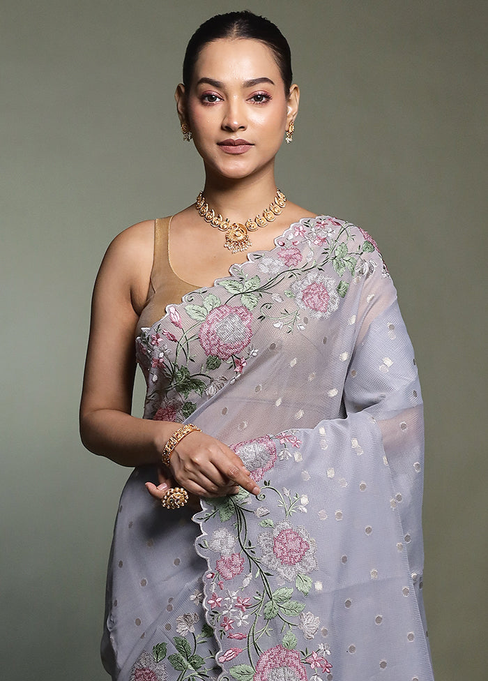 Grey Pure Kota Cotton Saree With Blouse Piece