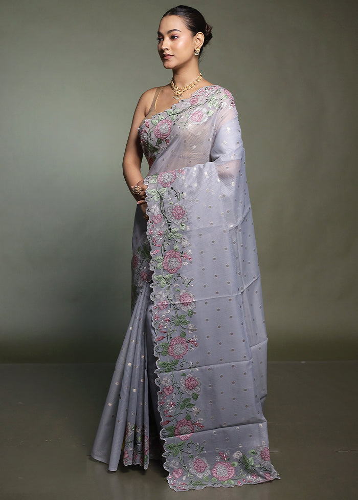 Grey Pure Kota Cotton Saree With Blouse Piece