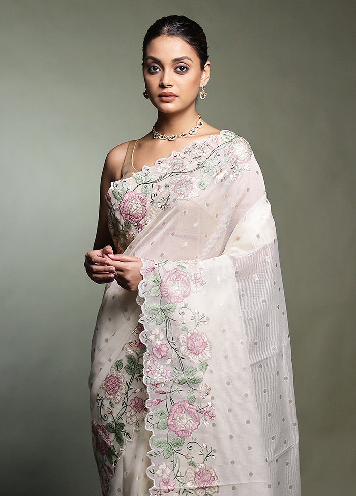 White Pure Kota Cotton Saree With Blouse Piece