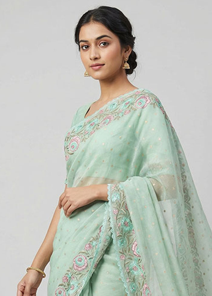 Green Pure Cotton Saree With Blouse Piece