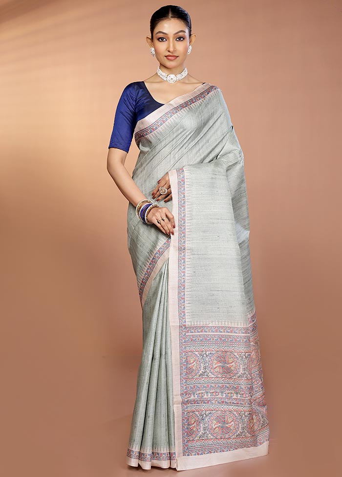 Green Printed Silk Saree Without Blouse Piece