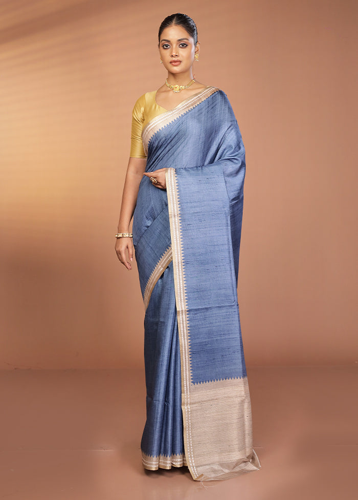 Blue Printed Pure Silk Saree Without Blouse Piece
