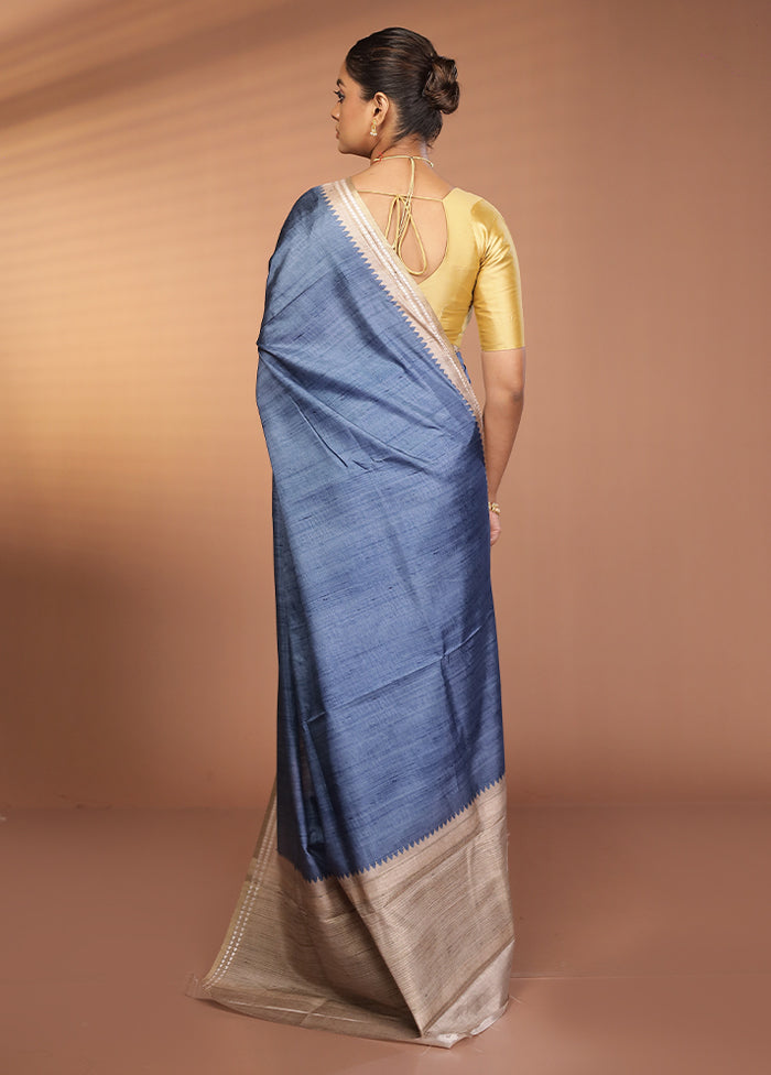 Blue Printed Pure Silk Saree Without Blouse Piece