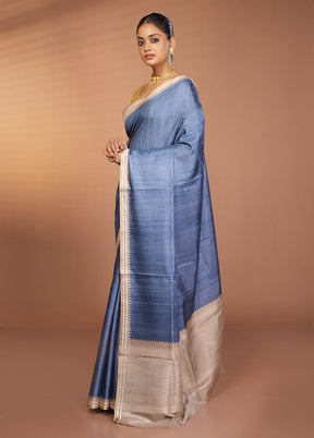 Blue Printed Pure Silk Saree Without Blouse Piece
