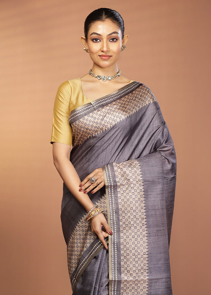 Grey Printed Pure Silk Saree Without Blouse Piece