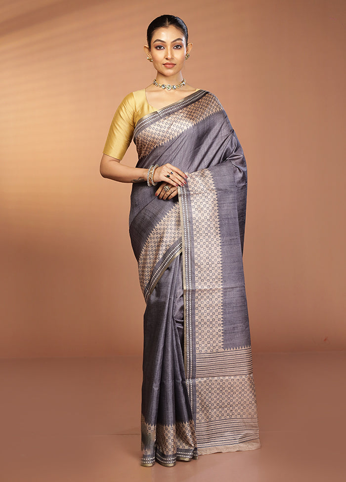 Grey Printed Pure Silk Saree Without Blouse Piece