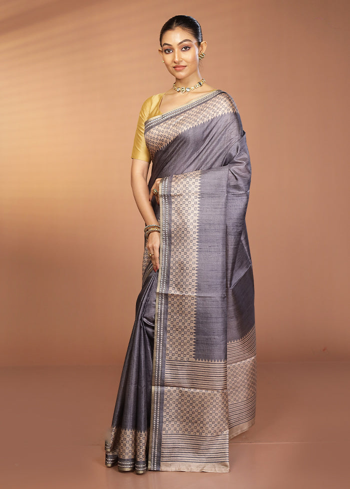 Grey Printed Pure Silk Saree Without Blouse Piece