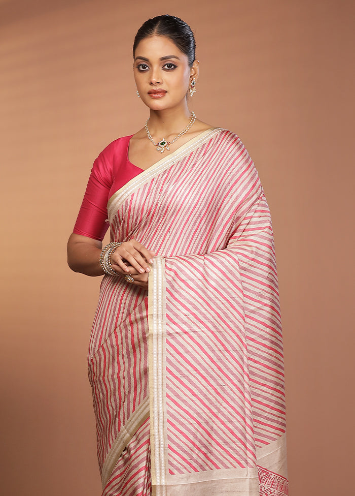 Cream Printed Pure Silk Saree Without Blouse Piece