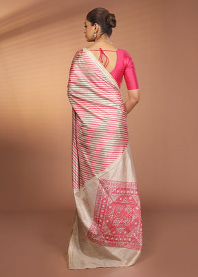 Cream Printed Pure Silk Saree Without Blouse Piece