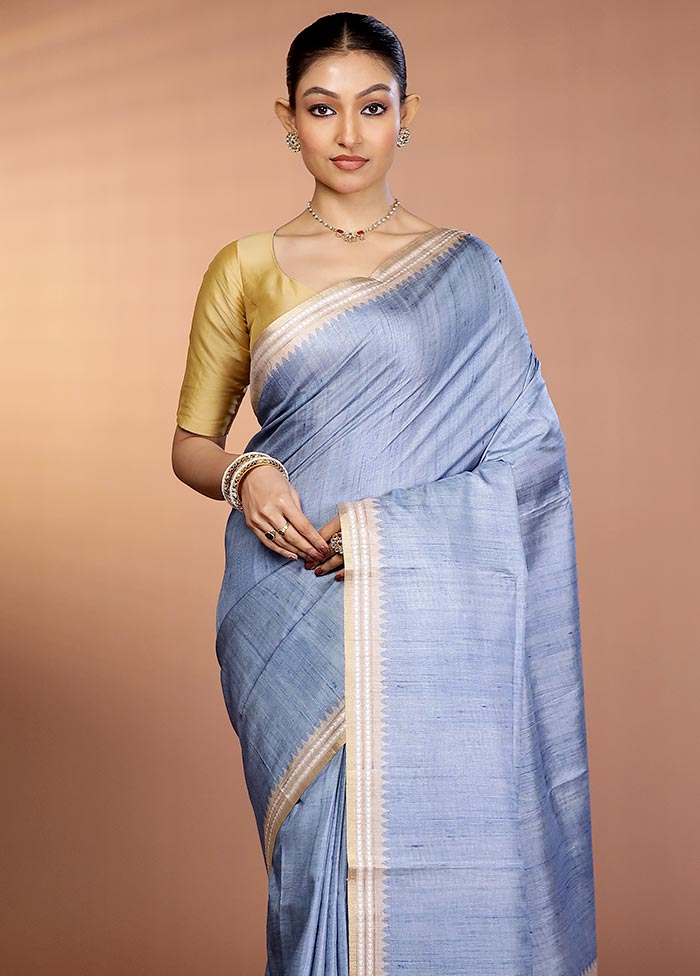 Blue Printed Pure Silk Saree Without Blouse Piece