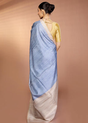 Blue Printed Pure Silk Saree Without Blouse Piece