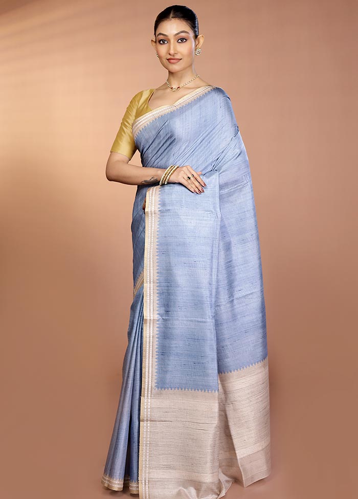 Blue Printed Pure Silk Saree Without Blouse Piece