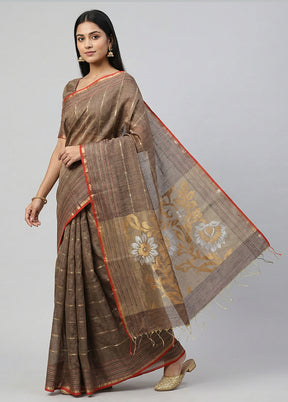 Grey Handloom Matka Pure Silk Saree With Blouse Piece