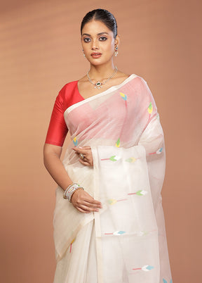 White Handloom Matka Pure Silk Saree With Blouse Piece