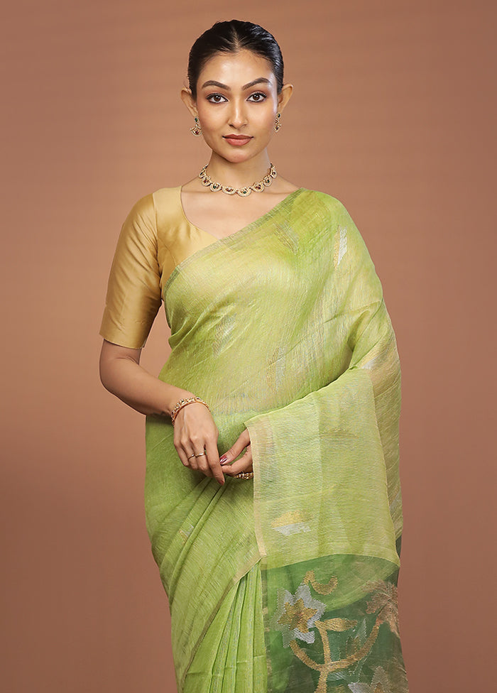 Green Handloom Matka Pure Silk Saree With Blouse Piece