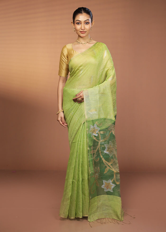 Green Handloom Matka Pure Silk Saree With Blouse Piece