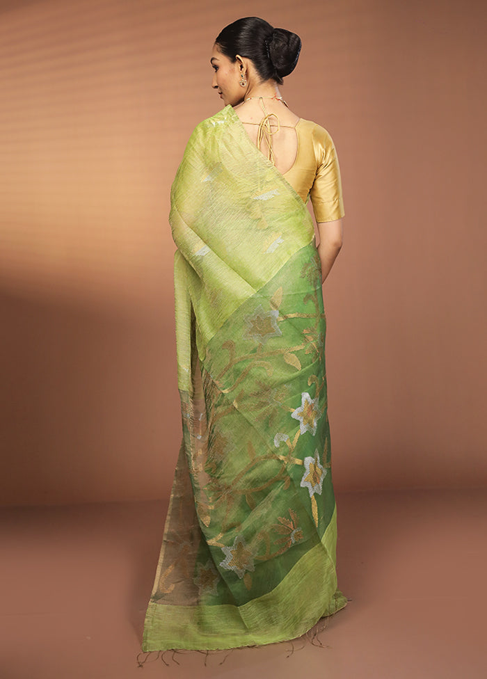 Green Handloom Matka Pure Silk Saree With Blouse Piece