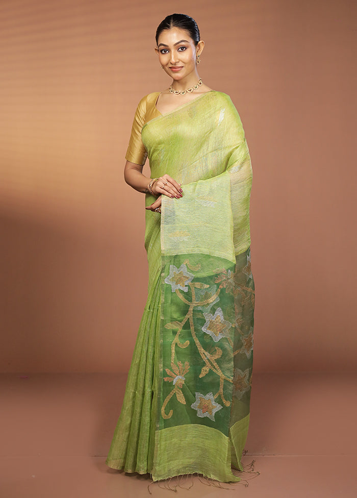 Green Handloom Matka Pure Silk Saree With Blouse Piece