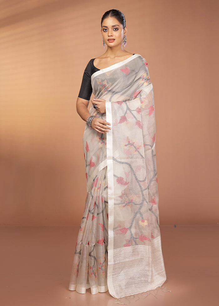 White Handloom Matka Pure Silk Saree With Blouse Piece