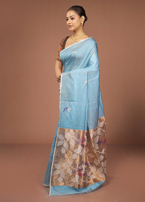Blue Handloom Matka Pure Silk Saree With Blouse Piece