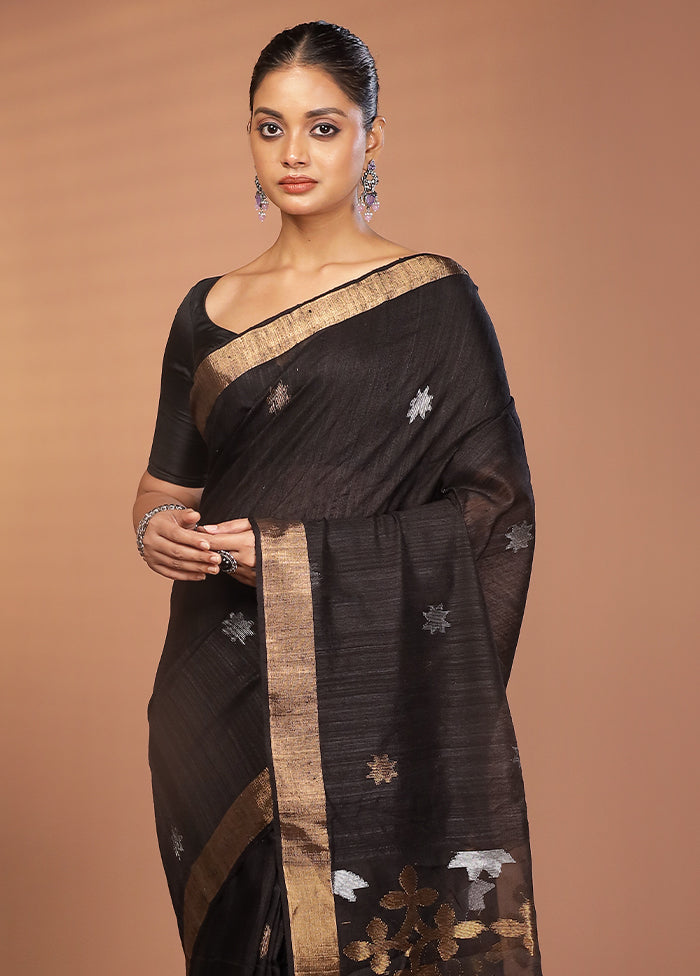 Black Handloom Matka Pure Silk Saree With Blouse Piece