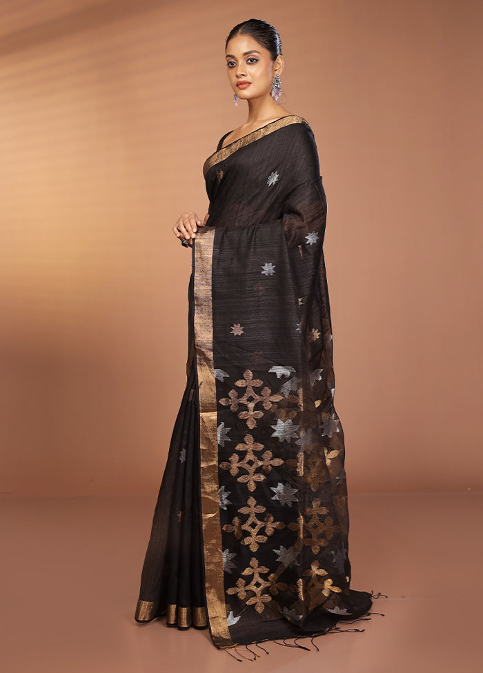 Black Handloom Matka Pure Silk Saree With Blouse Piece