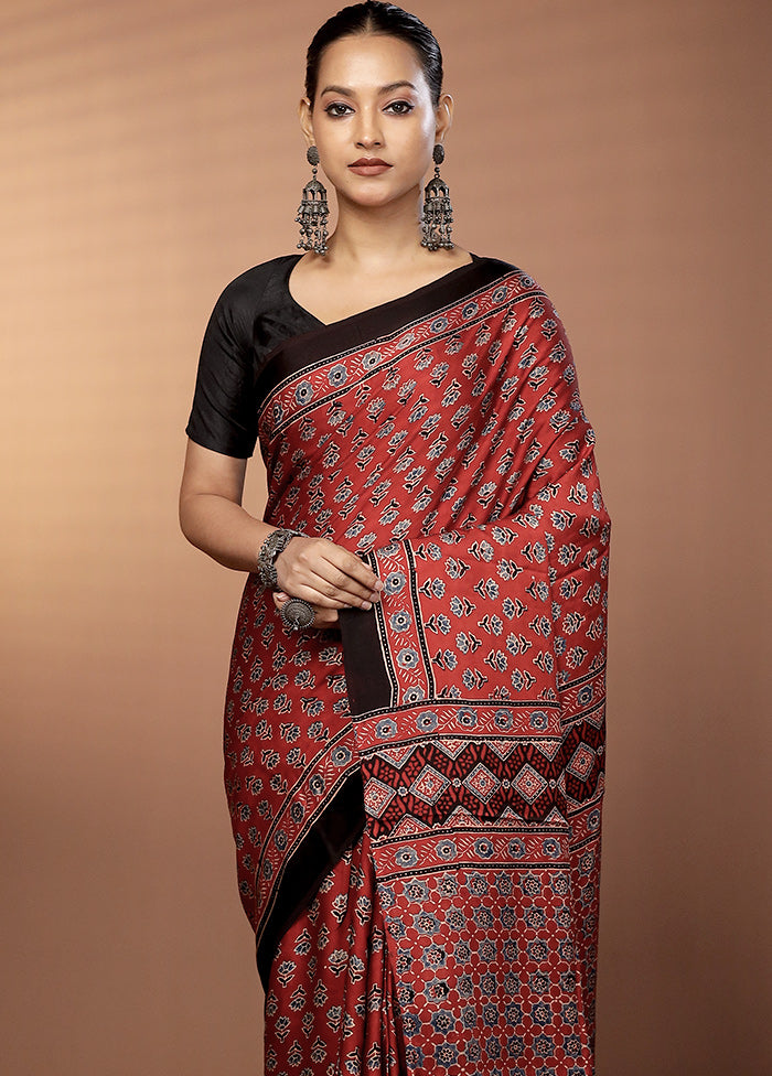 Maroon Printed Pure Silk Saree Without Blouse Piece