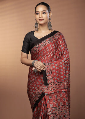 Maroon Printed Pure Silk Saree Without Blouse Piece